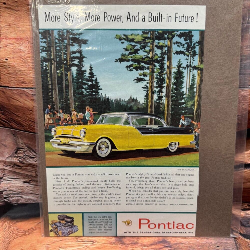 Pontiac 1955 Catalina Magazine Print Ad Vintage Original Yellow Black